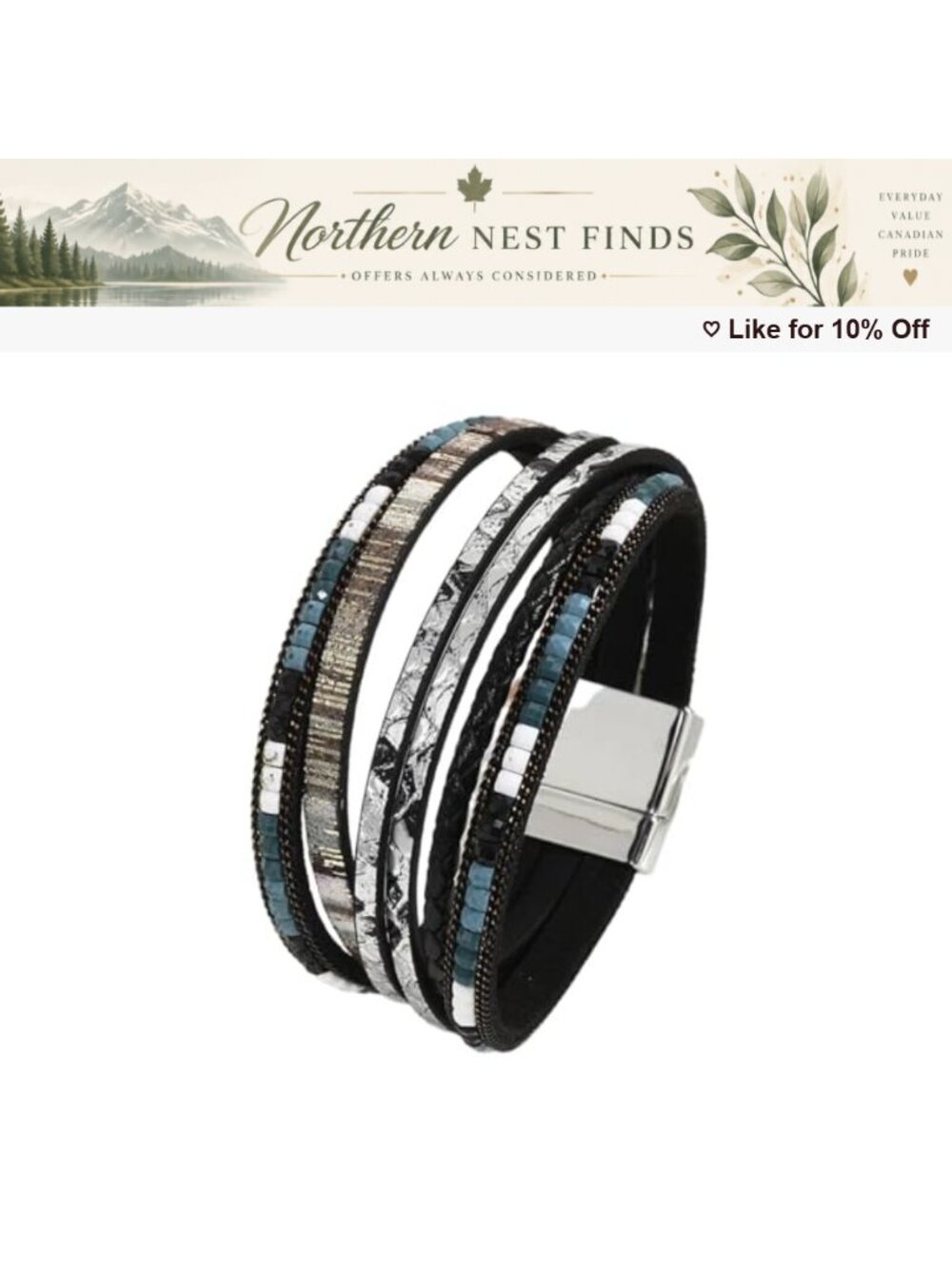 Sparkly Leather Wrap Bracelet Braided Boho Magnetic Buckle Cuff